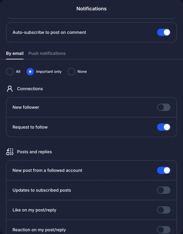 Notification controls for auto-subscribe, the email and push tabs, the All, Important only and None presets, connection switches and post activity switches.