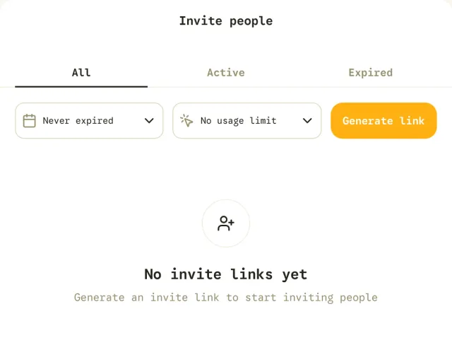 Invite page with expiration and use limit selectors, invite tabs and Generate link button.
