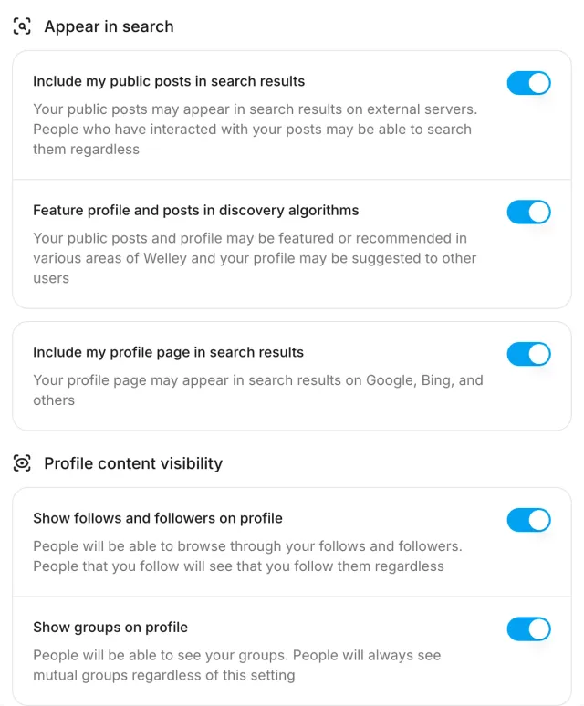 Privacy controls for public post search, discovery, search engines, followers and group visibility.