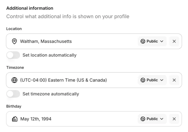 Profile controls for location, timezone, birthday and public visibility.