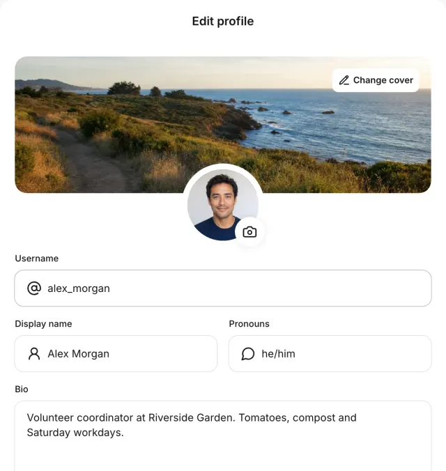 Profile form with avatar, cover, username, display name, pronouns and biography.