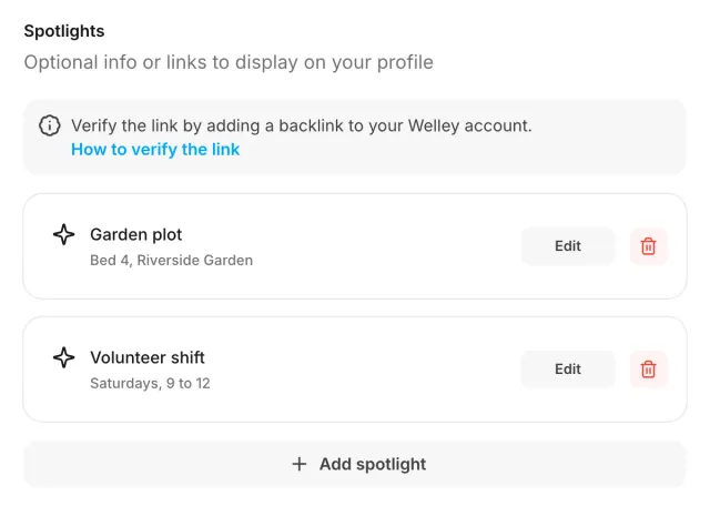 Profile spotlights section with two spotlights, Edit and Delete controls, Add spotlight and a link verification hint.