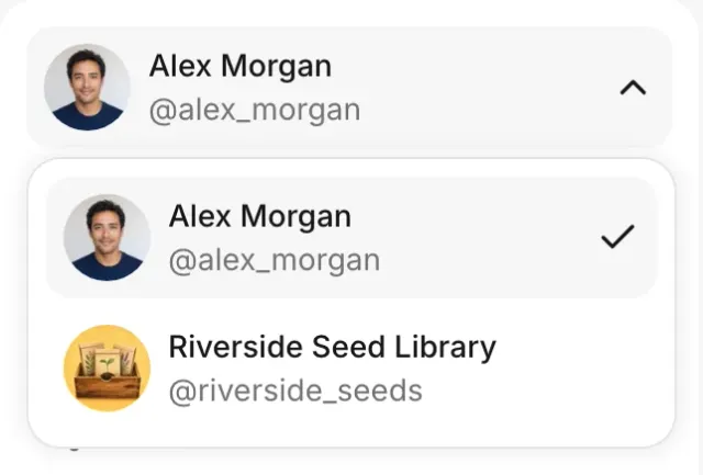 Profile switcher with the Alex Morgan and Riverside Seed Library profiles of one account.