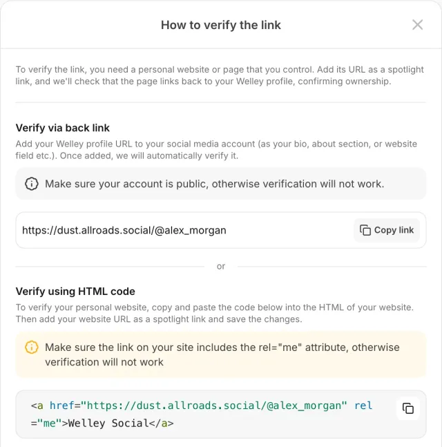 Welley link verification instructions with backlink and rel=me HTML methods.
