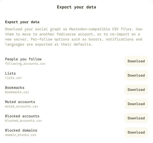 Export page with downloads for followed people, lists, bookmarks, muted accounts, blocked accounts and blocked domains.