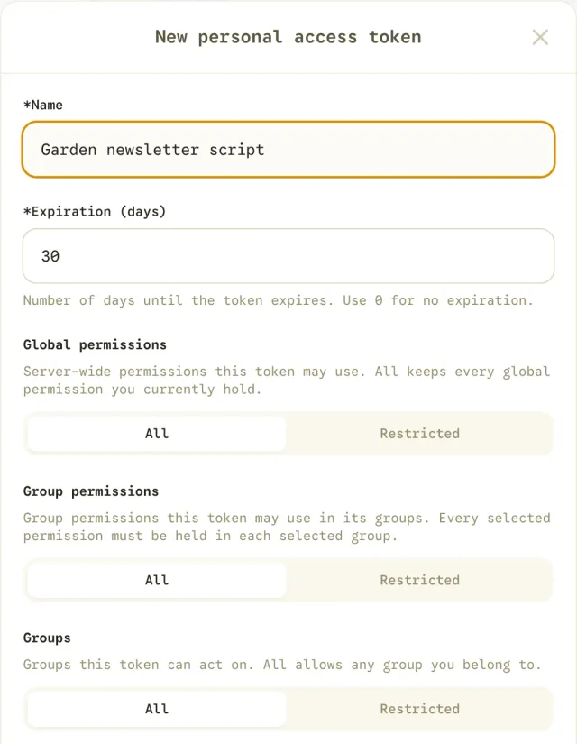 New personal access token dialog with expiration, global permissions, group permissions and group restrictions.
