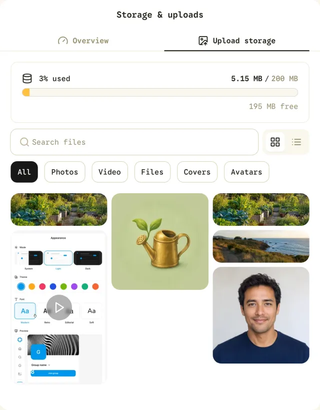 Upload storage tab with a usage bar, a file search field, type filters and a grid of uploaded garden photos, avatars and a video.