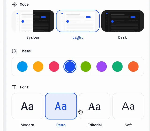 Appearance controls from the public release clip: Light mode, the navy theme color and the Retro font are selected.