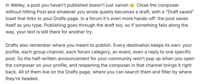 Public Welley release text describes automatic draft saves, separate destinations and draft filters.