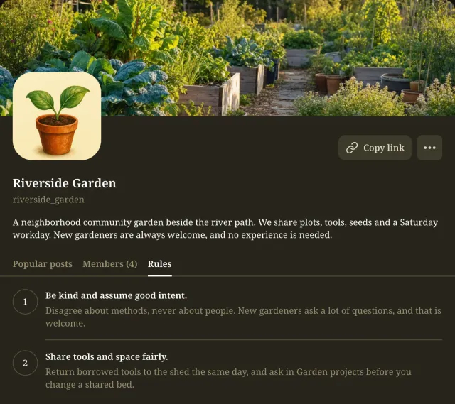Riverside Garden profile in dark mode with its header, plant avatar, description and the two community rules on the Rules tab.