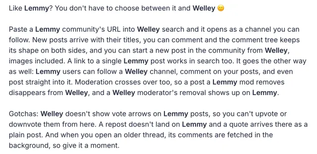 Public Welley release text describes Lemmy communities, posts, comments, images and federation limits.