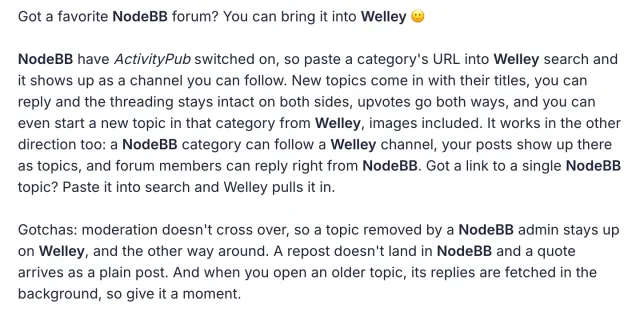 Public Welley release text describes NodeBB topics, replies, images, reactions and federation limits.