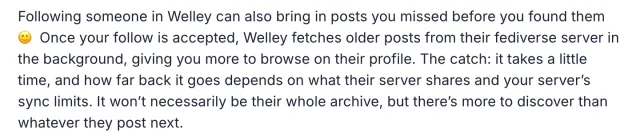 Public Welley release text explains background retrieval of older posts after a follow.