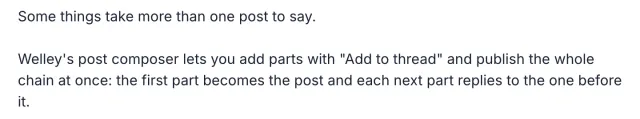 Public Welley release text explains the Add to thread control and publication of a chain of posts.