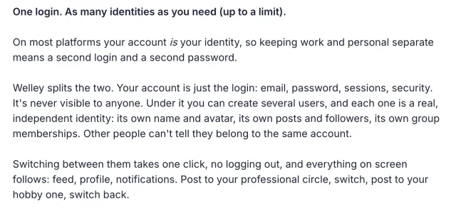 Public Welley release text describes independent profiles under one account and one-click profile changes.