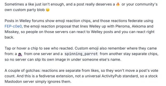 Public release text explains emoji reactions, custom emoji identity and differences from likes and votes.
