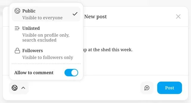 New post dialog with the audience menu open, showing Public, Unlisted and Followers and the switch that allows comments.