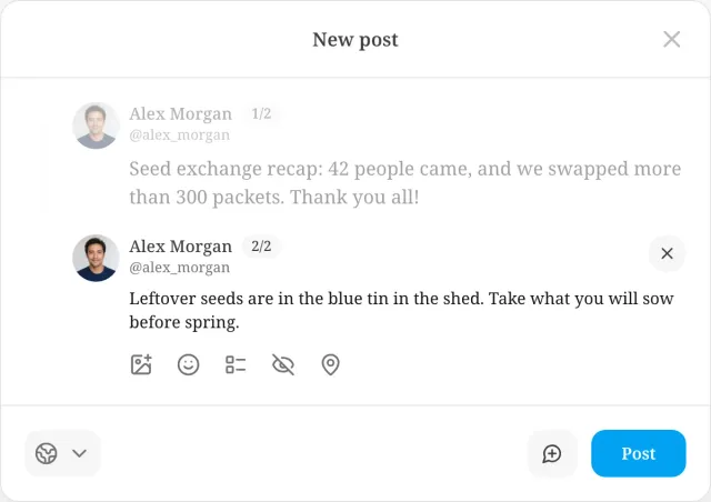 New post dialog with two numbered parts, 1/2 and 2/2, about the seed exchange. Each part has its own editor and controls.