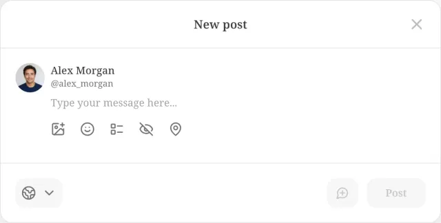Empty New post dialog for Alex Morgan with controls for media, emoji, poll, content warning and location, an audience selector, an add-to-thread button and a Post button.