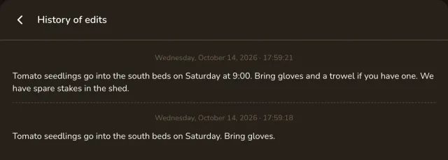History of edits page with two dated versions of a post about tomato seedlings. The newer version adds the time and the spare stakes.