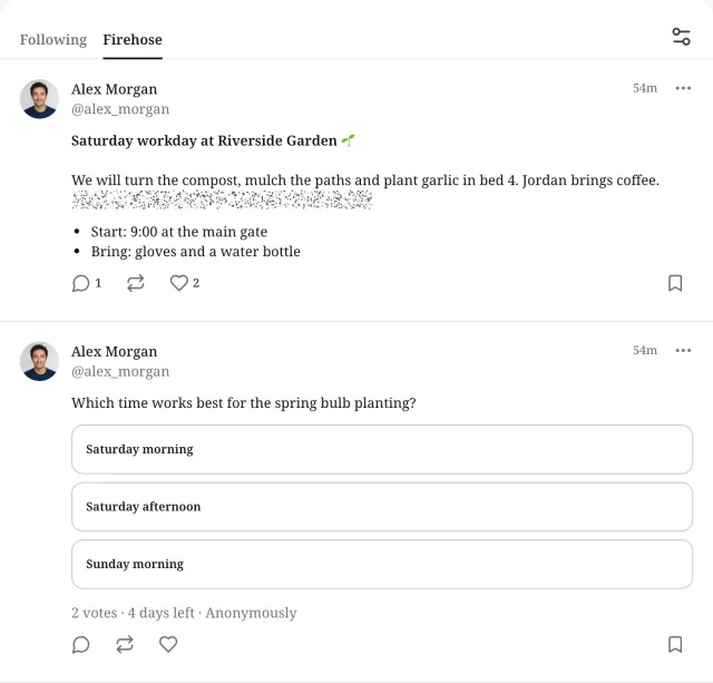 Following and Firehose tabs above a formatted garden post with a heading, a hidden inline spoiler and a list, followed by a poll with three choices, with reply, repost, like and bookmark controls.
