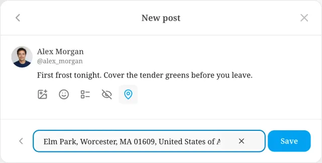 New post dialog with a frost warning for the garden and a location field that contains Elm Park in Worcester, Massachusetts, with a Save control.
