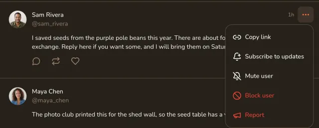 Post menu on a post by Sam Rivera with Subscribe to updates, Mute user, Block user and Report.