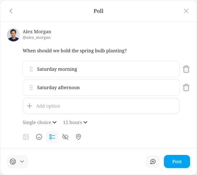 New post dialog with a garden question and a poll form with two choices, an Add option control and the choice mode and duration settings.