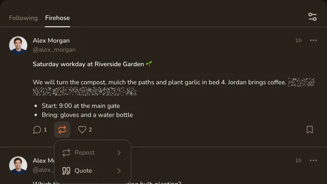 Share menu under a garden post by Alex Morgan with a disabled Repost choice and an available Quote choice.