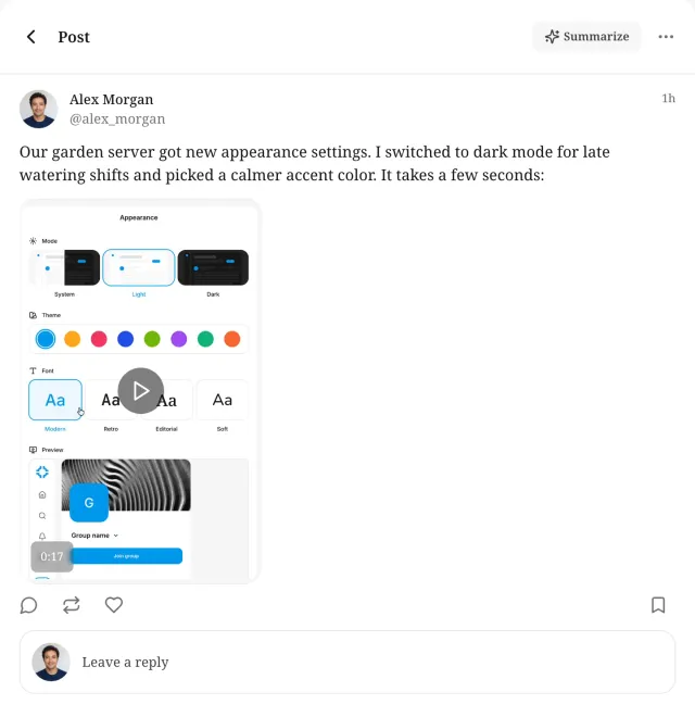 Post by Alex Morgan about new appearance settings with an attached video that shows the Welley appearance page.