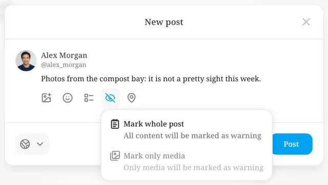 New post dialog with the content warning menu open. Mark whole post is available and Mark only media is disabled because the post has no media.