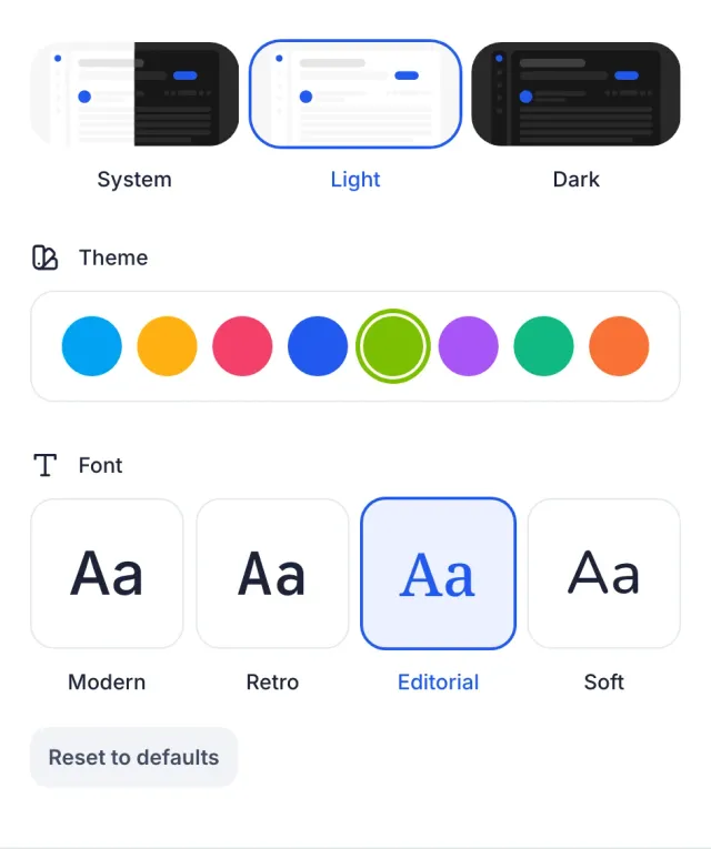 Server settings for the default display mode, theme color and font, with Light, a green theme color and the Editorial font selected.