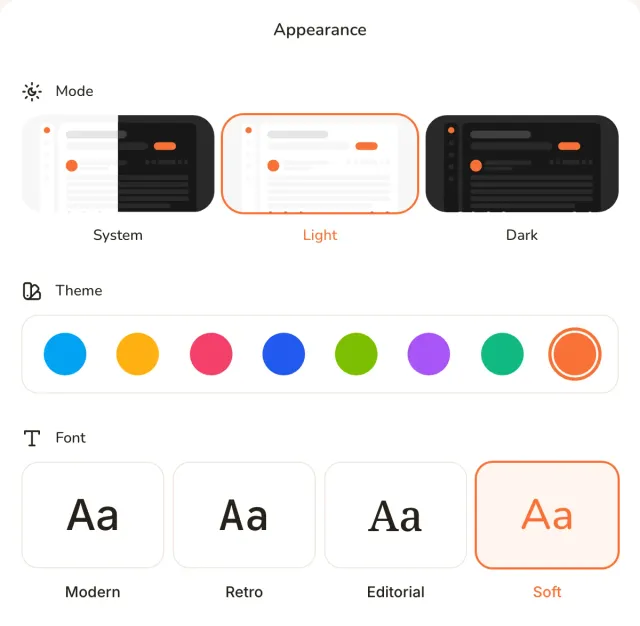 Personal appearance controls for system, light and dark mode, eight theme colors and four fonts.