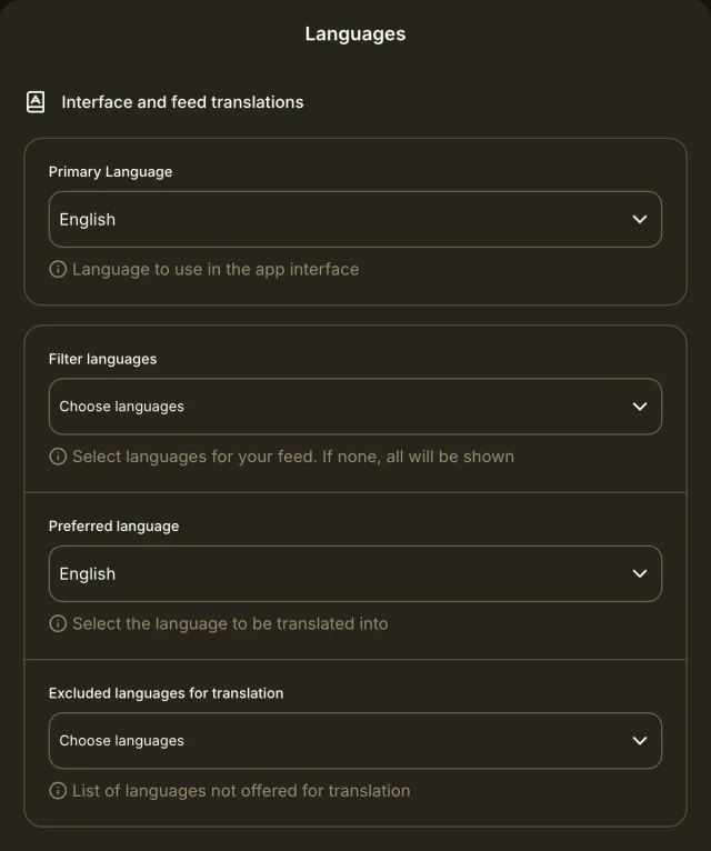 Settings for interface language, feed-language filters, preferred translation language and languages excluded from translation.