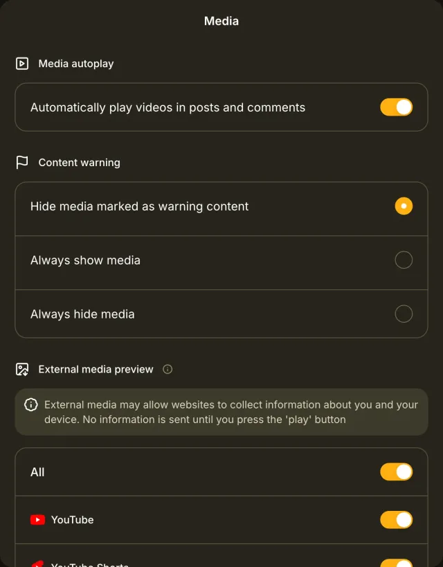 Media settings for video autoplay, sensitive-media visibility and external-media previews.
