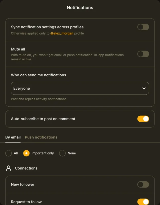 Notification settings for profile synchronization, mute, notification audience, auto-subscribe, the email tab with presets and connection switches.