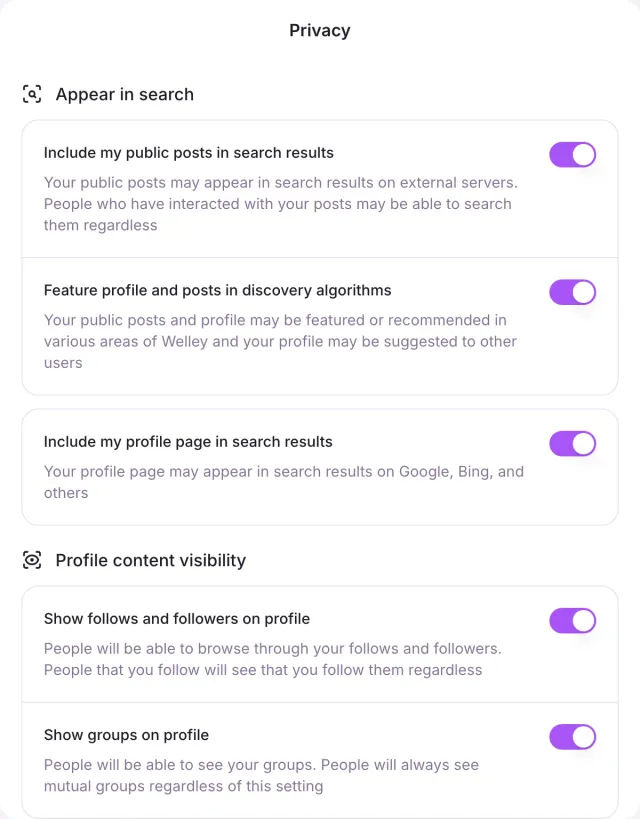 Privacy controls for public-post search, discovery recommendations, search engines, connection visibility and group visibility.